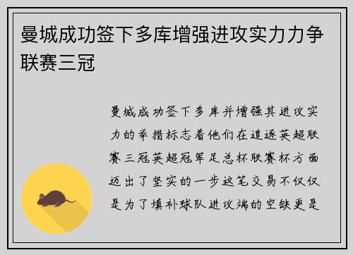 曼城成功签下多库增强进攻实力力争联赛三冠